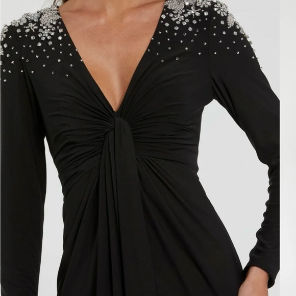 Mac Duggal Black Jersey V Neck Faux Knot Gown With Beaded Shoulders. - Picture 2 of 5